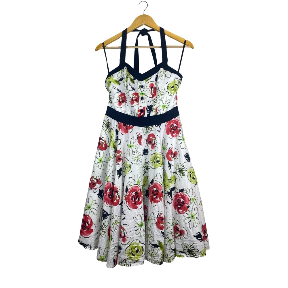 Lucky 13 Floral Halter Dress Womens Large Rockabilly Pinup Rose Retro Mini